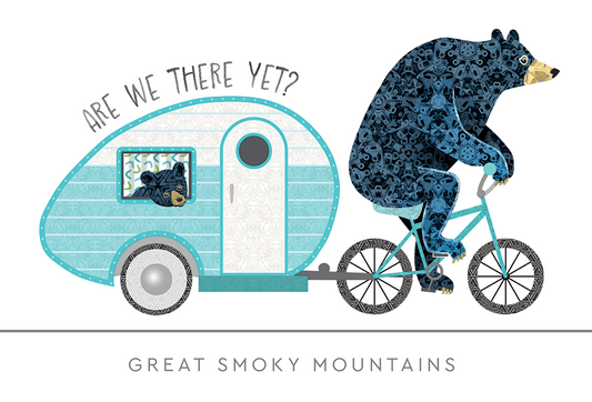 are we there yet? bear camper name drop postcard