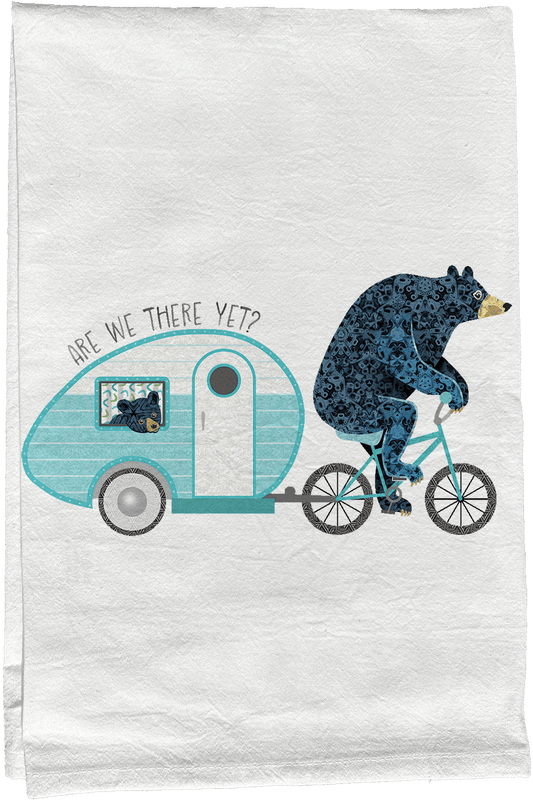 are we there yet? bear camper tea towel